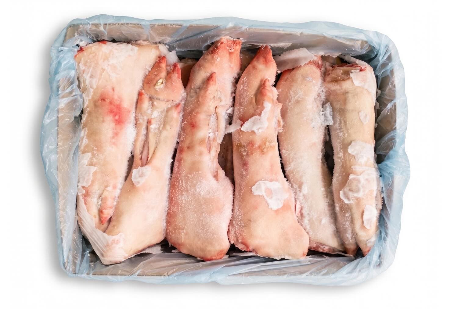 A 10 kg carton of frozen pork hind feet, polybag-lined