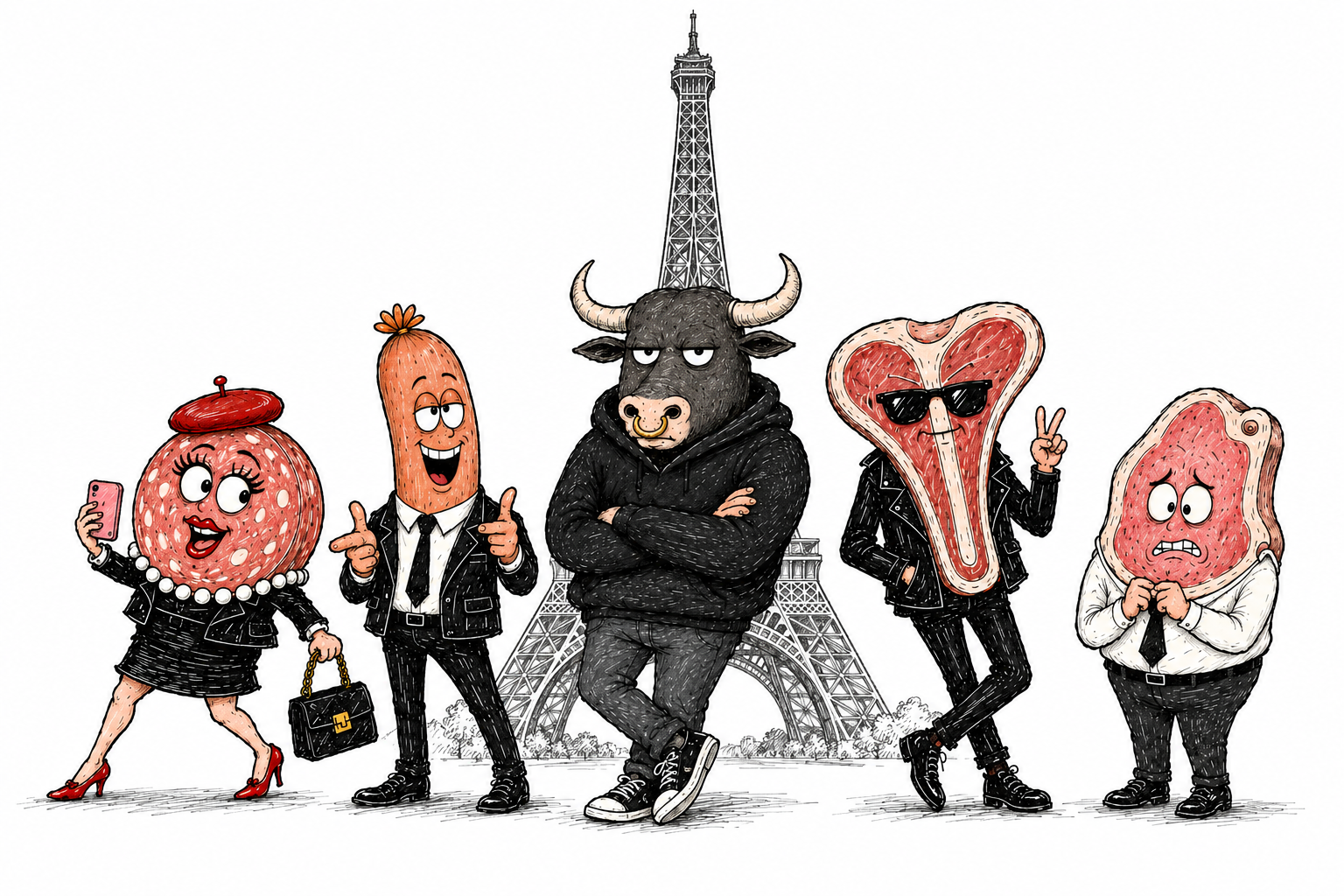 MeatBorsa's cast of meat characters — a salami in a beret, a sausage in a suit, a bull, a T-bone in sunglasses and a nervous ham — in front of the Eiffel Tower